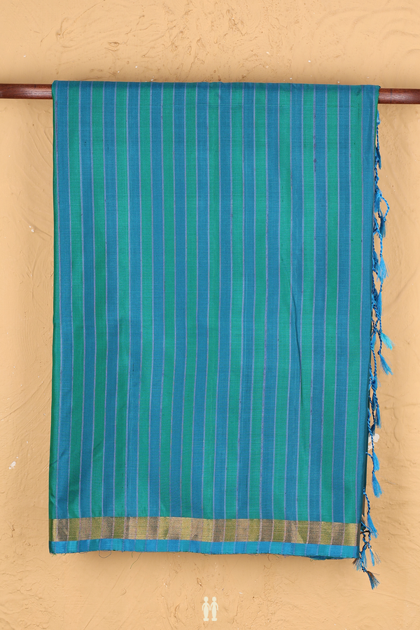 Soft Silk Saree In Blue And Green With Stripes Design