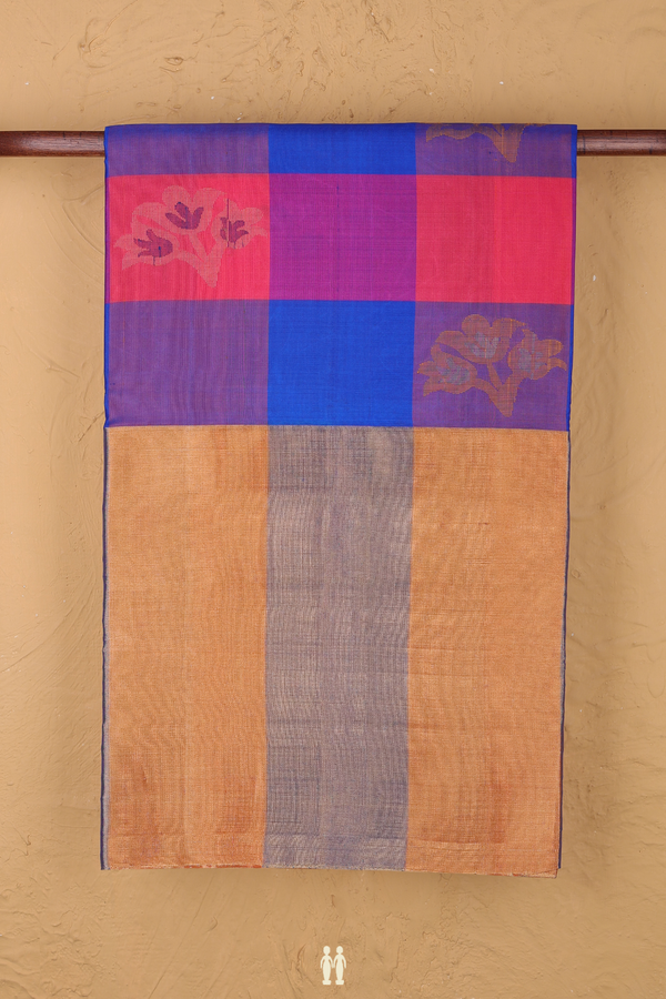 Soft Silk Saree In Blue And Pink With Checks Design