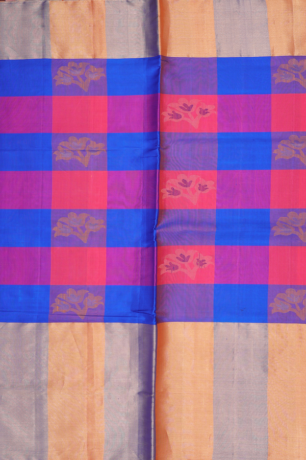 Soft Silk Saree In Blue And Pink With Checks Design