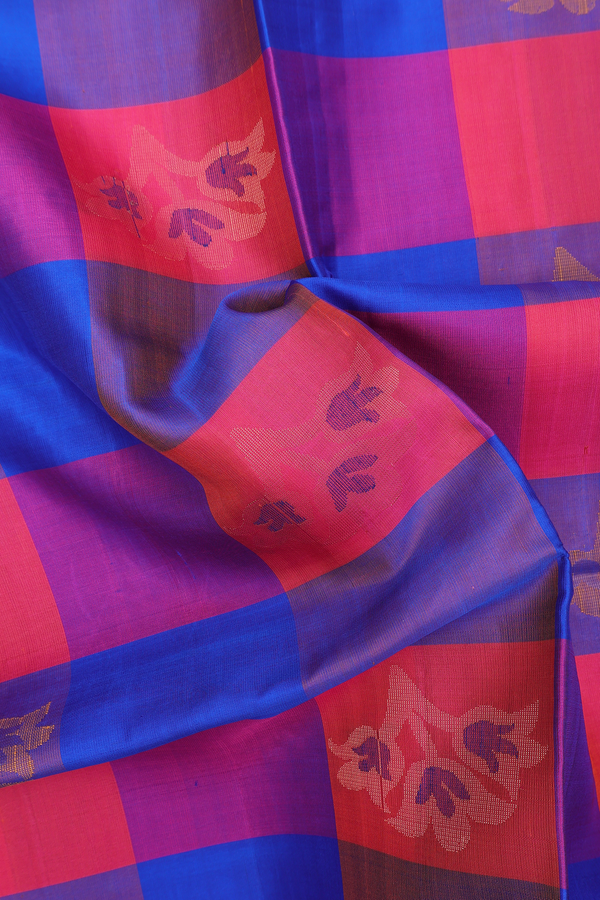 Soft Silk Saree In Blue And Pink With Checks Design
