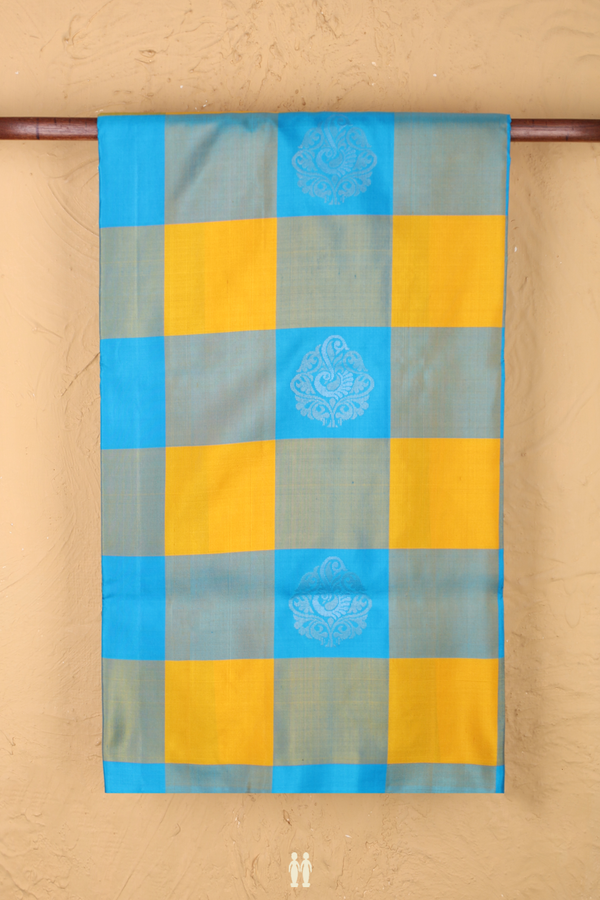 Soft Silk Saree In Blue And Yellow With Checks Design