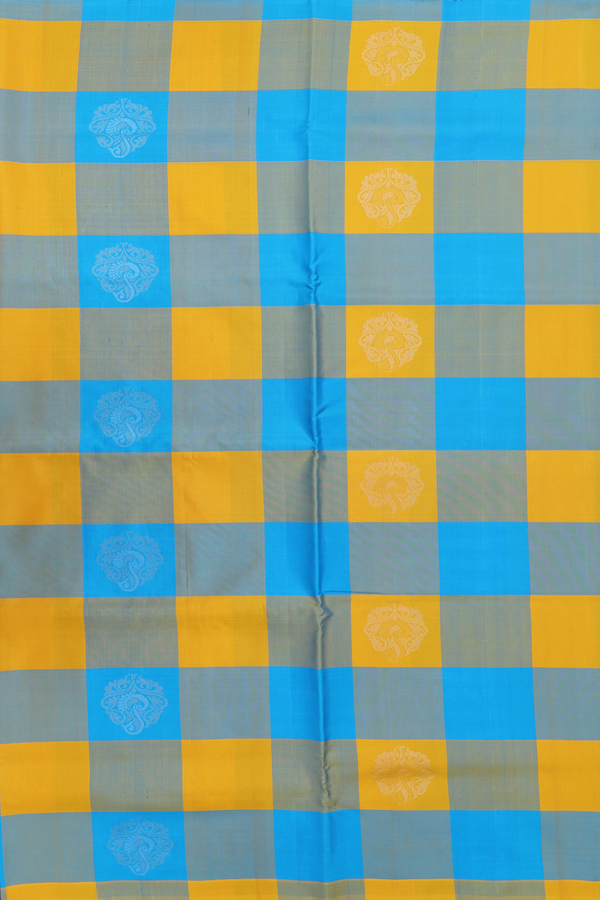 Soft Silk Saree In Blue And Yellow With Checks Design