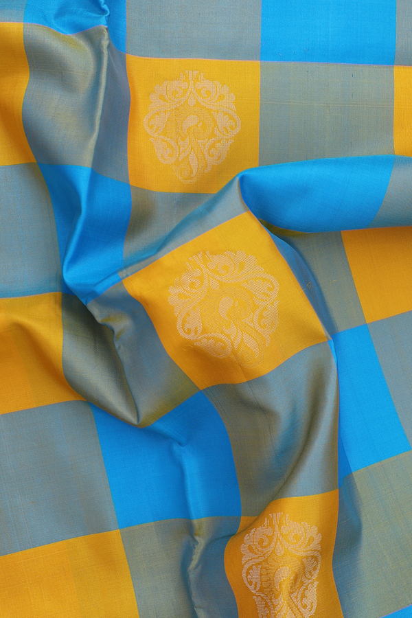 Soft Silk Saree In Blue And Yellow With Checks Design