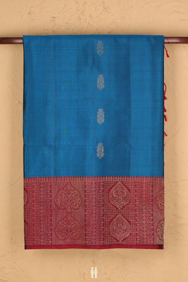 Soft Silk Saree In Teal Blue With Floral Buttas