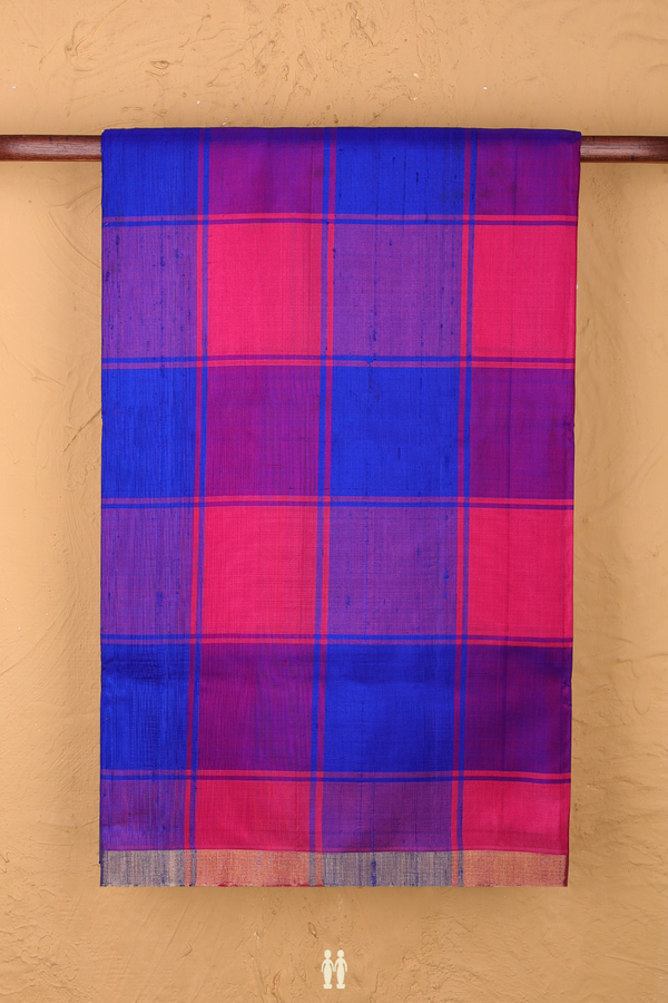 Soft Silk Saree In Blue And Pink With Checks Design