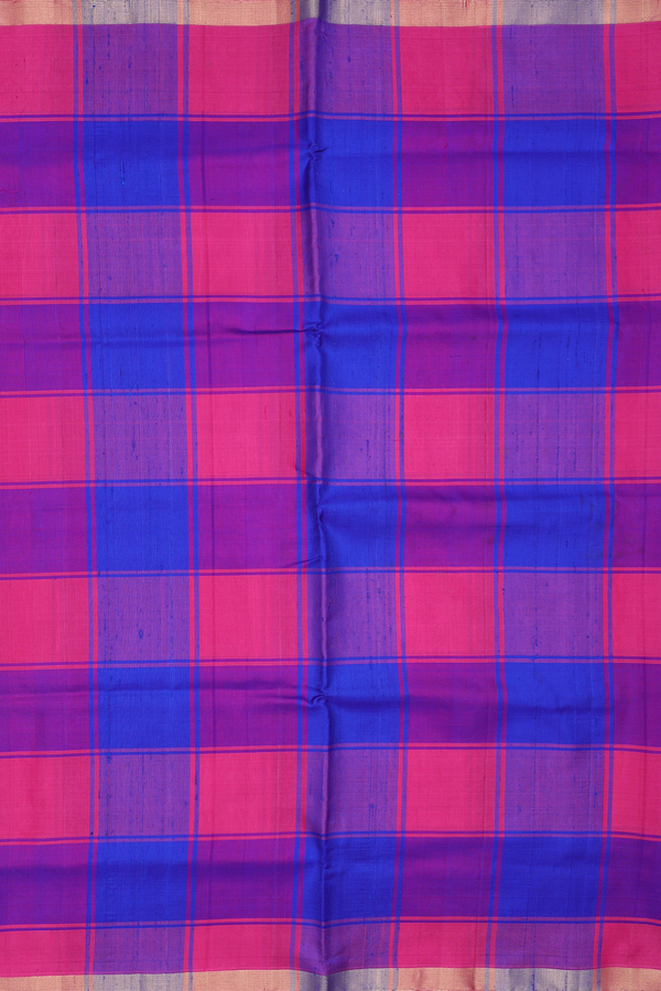 Soft Silk Saree In Blue And Pink With Checks Design