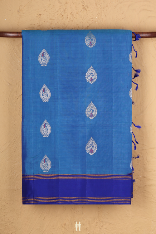 Soft Silk Saree In Blue With Zari Buttas