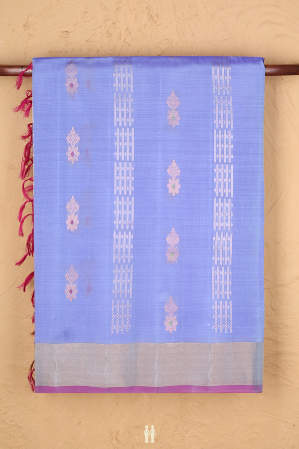Soft Silk Saree In Bluish Purple With Floral Buttas