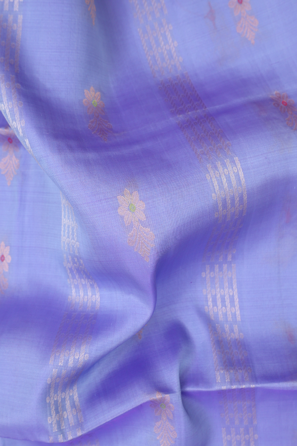 Soft Silk Saree In Bluish Purple With Floral Buttas
