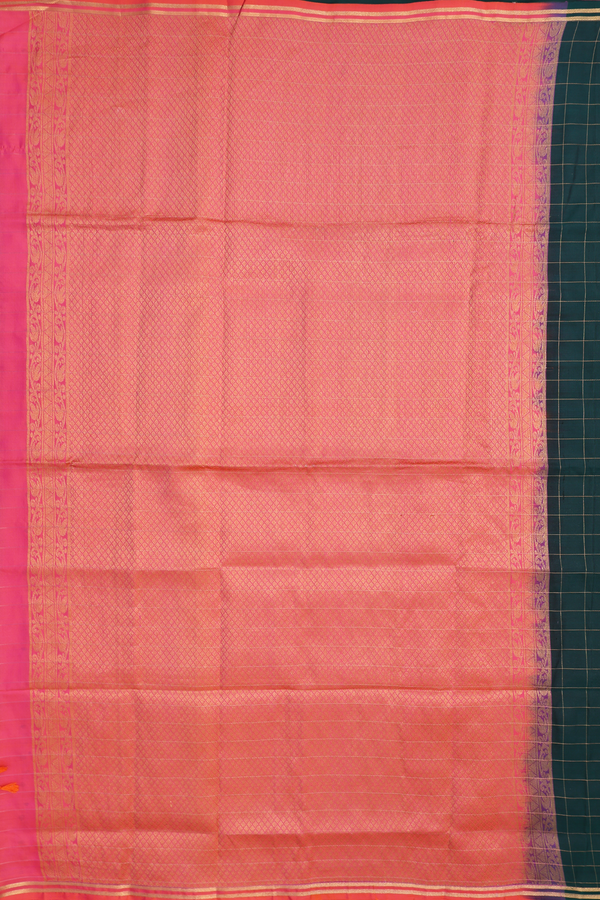 Soft Silk Saree In Bottle Green With Zari Checked Design