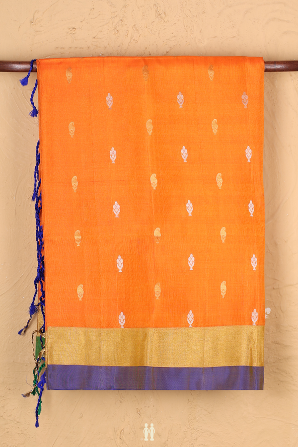 Soft Silk Saree In Bright Orange With Paisley Buttas