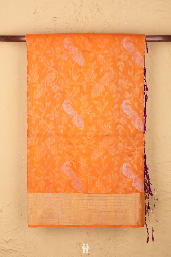 Soft Silk Saree In Bright Orange With Peacock Design