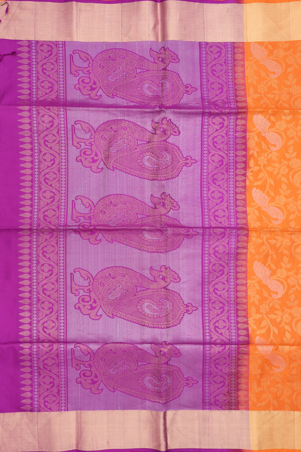 Soft Silk Saree In Bright Orange With Peacock Design