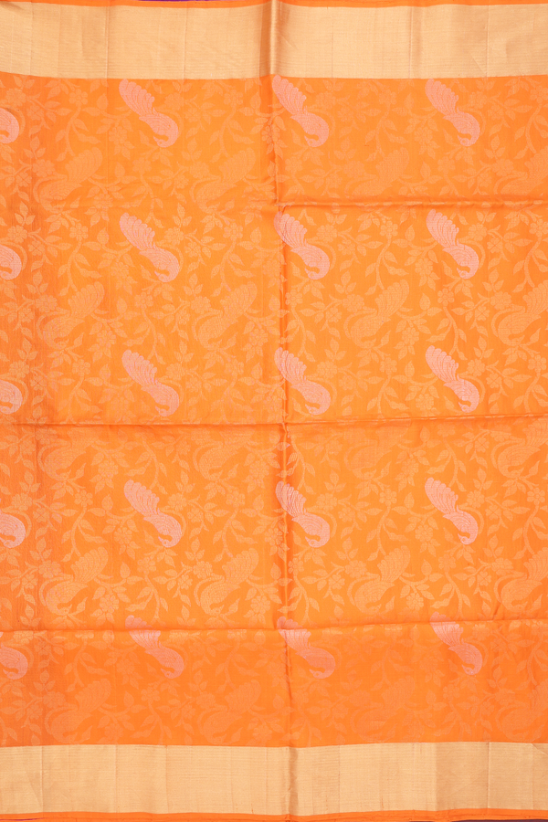 Soft Silk Saree In Bright Orange With Peacock Design