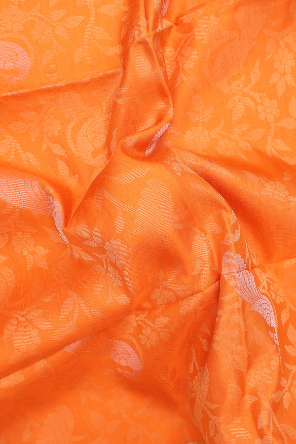 Soft Silk Saree In Bright Orange With Peacock Design