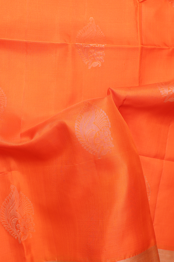 Soft Silk Saree In Bright Orange With Zari Motifs