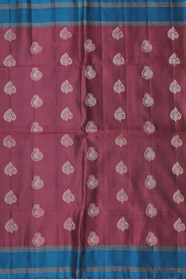 Soft Silk Saree In Brownish Purple With Paisley Buttas