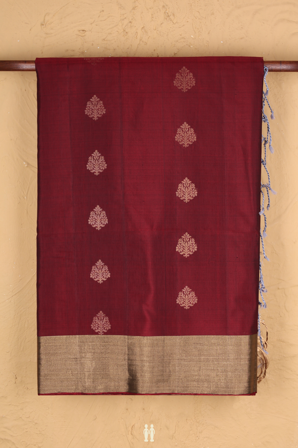 Soft Silk Saree In Burgundy Red With Floral Buttas