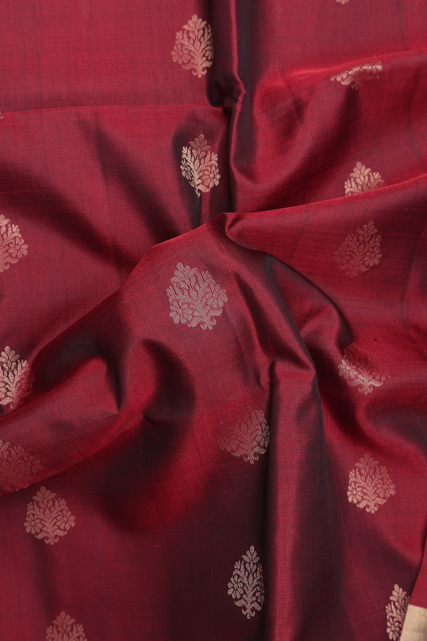 Soft Silk Saree In Burgundy Red With Floral Buttas