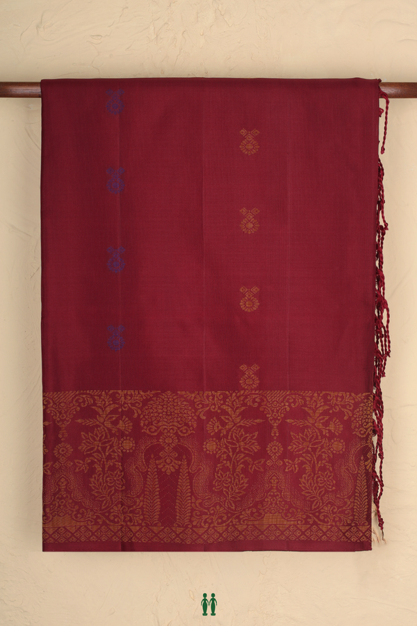 Soft Silk Saree In Burgundy Red With Threadwork Buttas