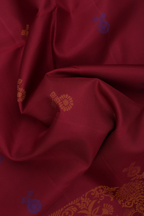 Soft Silk Saree In Burgundy Red With Threadwork Buttas