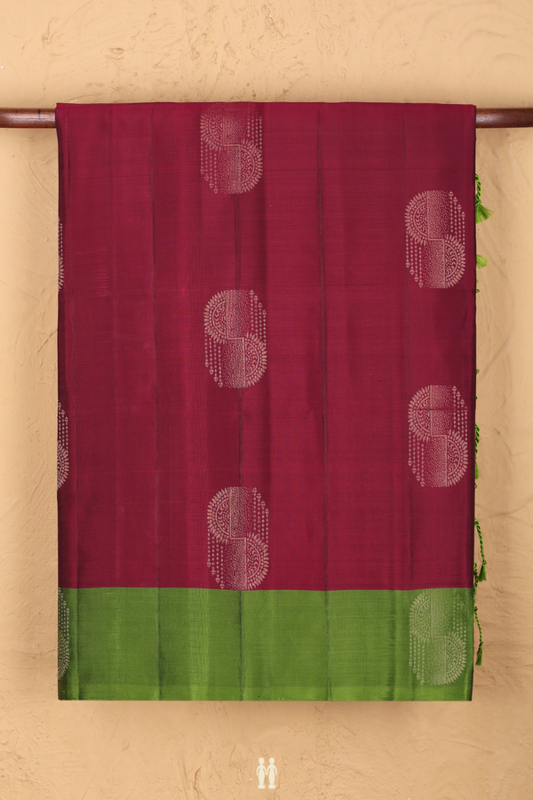 Soft Silk Saree In Burgundy Red With Zari Buttas