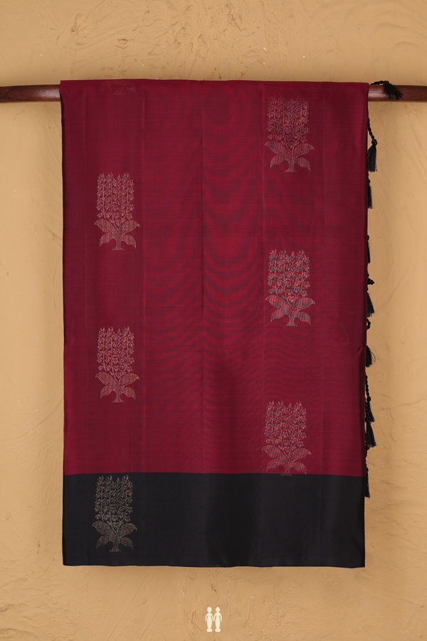 Soft Silk Saree In Burgundy With Floral Motifs