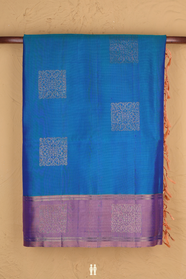 Soft Silk Saree In Cerulean Blue With Square Motifs
