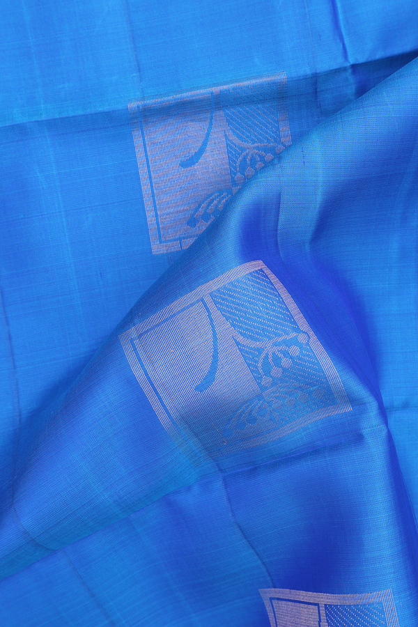 Soft Silk Saree In Cerulean Blue With Square Motifs