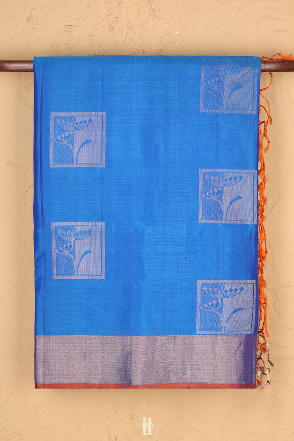 Soft Silk Saree In Cerulean Blue With Square Motifs