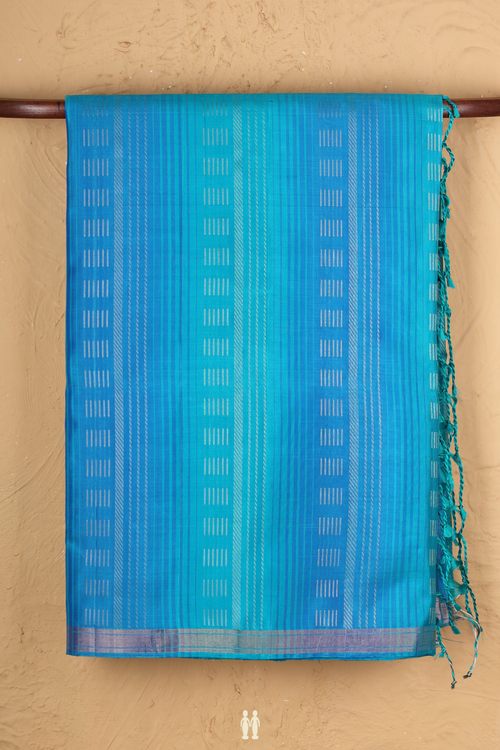 Soft Silk Saree In Cerulean Blue With Stripes Design