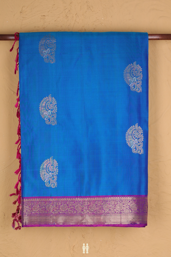 Soft Silk Saree In Cerulean Blue With Zari Motifs