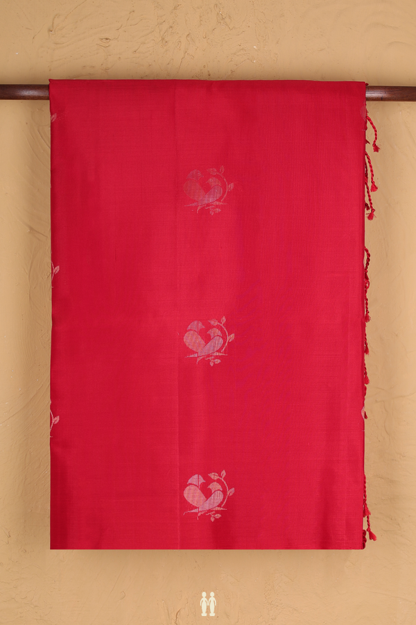 Soft Silk Saree In Chilli Red With Bird Zari Buttas