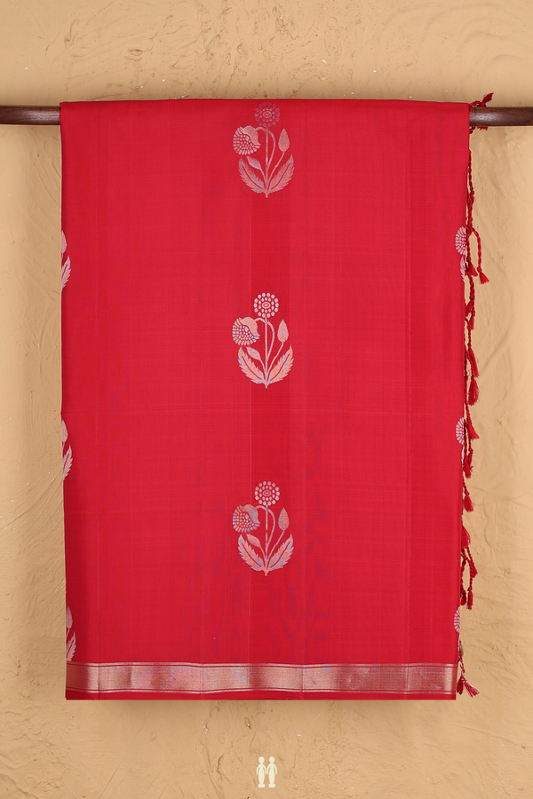 Soft Silk Saree In Chilli Red With Floral Motifs