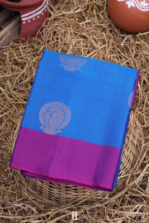 Soft Silk Saree In Cobalt Blue With Peacock Motifs
