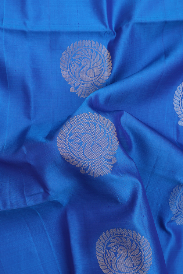 Soft Silk Saree In Cobalt Blue With Peacock Motifs