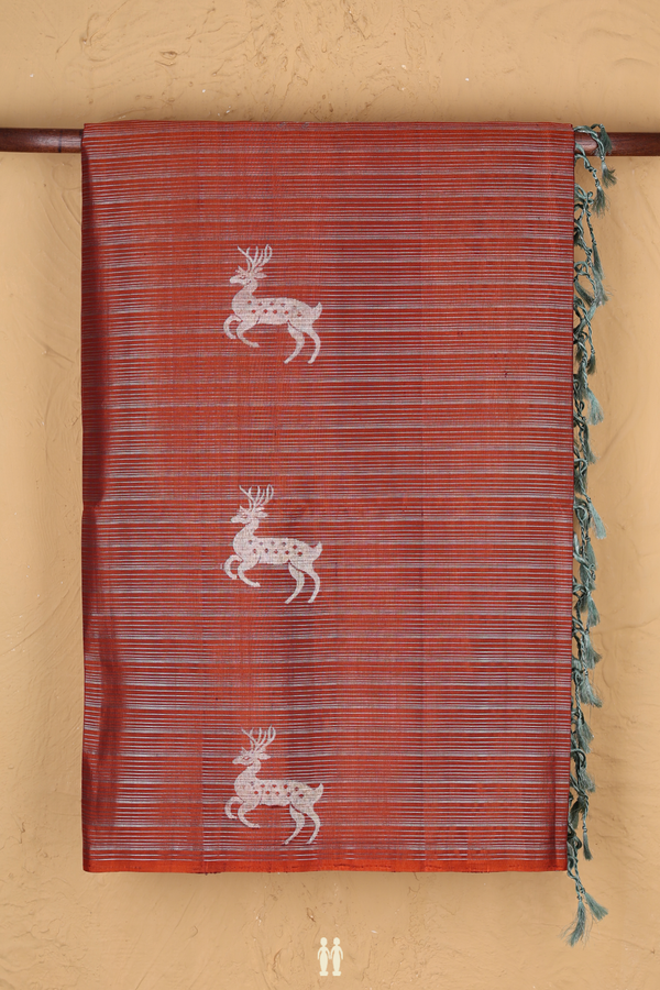 Soft Silk Saree In Copper Orange With Stripes Design