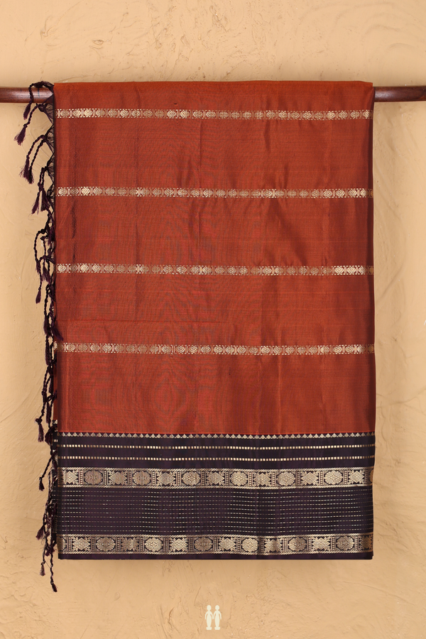 Soft Silk Saree In Copper Orange With Stripes Design