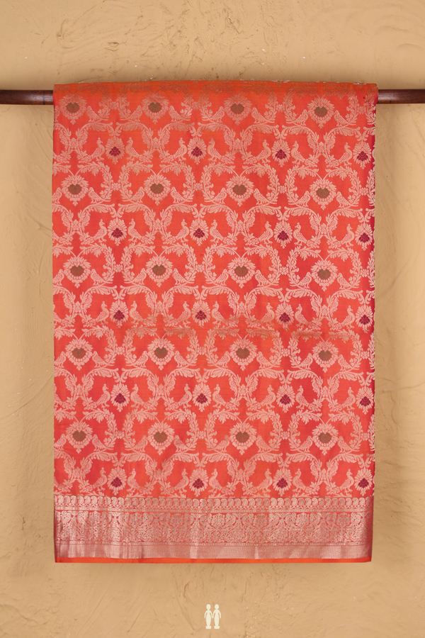 Soft Silk Saree In Coral Orange With Brocade Design