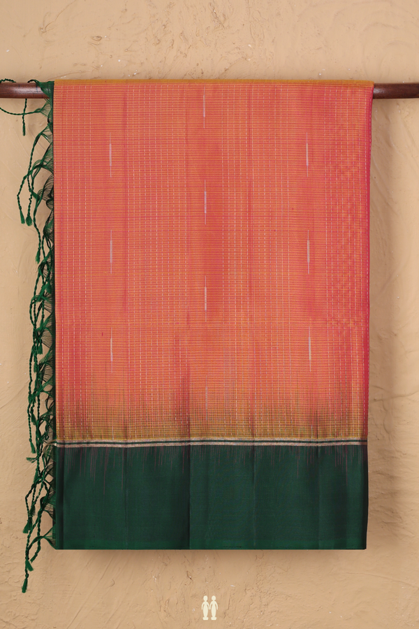 Soft Silk Saree In Coral Orange With Stripes Design