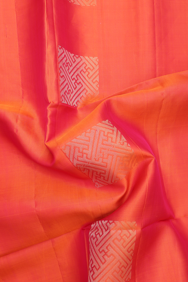 Soft Silk Saree In Coral Orange With Square Motifs