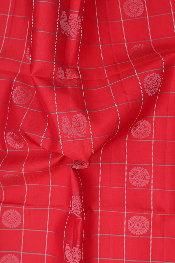 Soft Silk Saree In Crimson Red With Checks Design