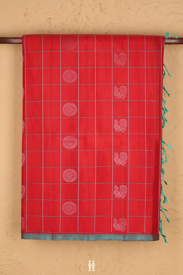 Soft Silk Saree In Crimson Red With Checks Design