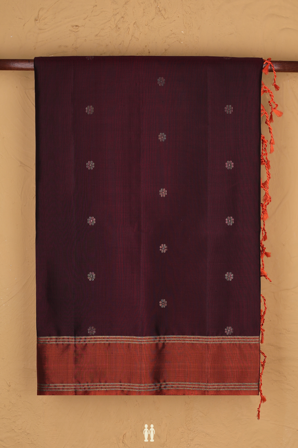 Soft Silk Saree In Dark Brown With Floral Buttas