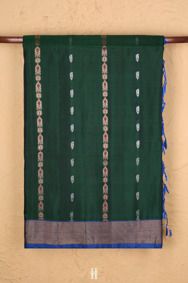Soft Silk Saree In Dark Green With Stripes Design