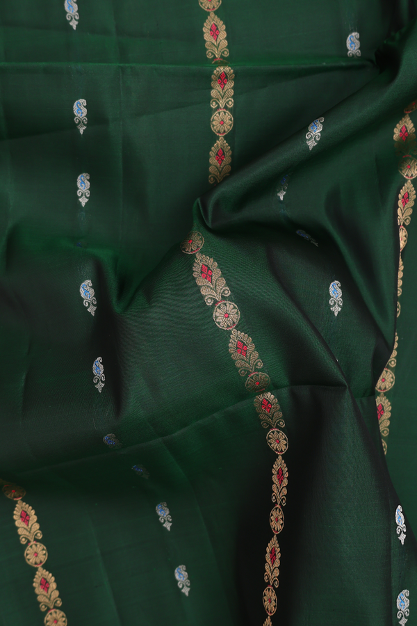 Soft Silk Saree In Dark Green With Stripes Design