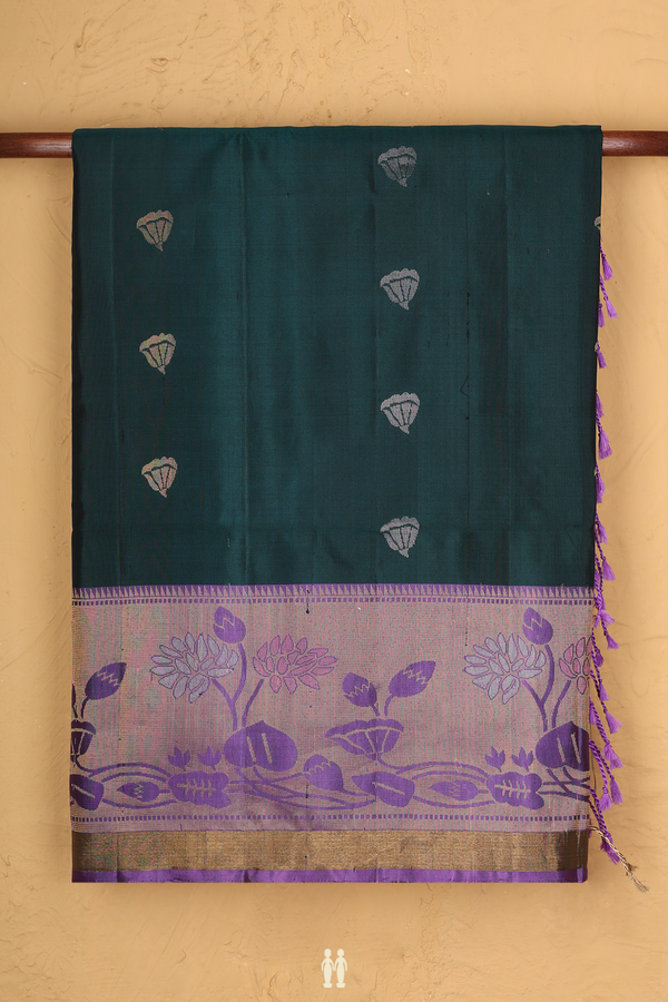 Soft Silk Saree In Dark Green With Zari Buttas