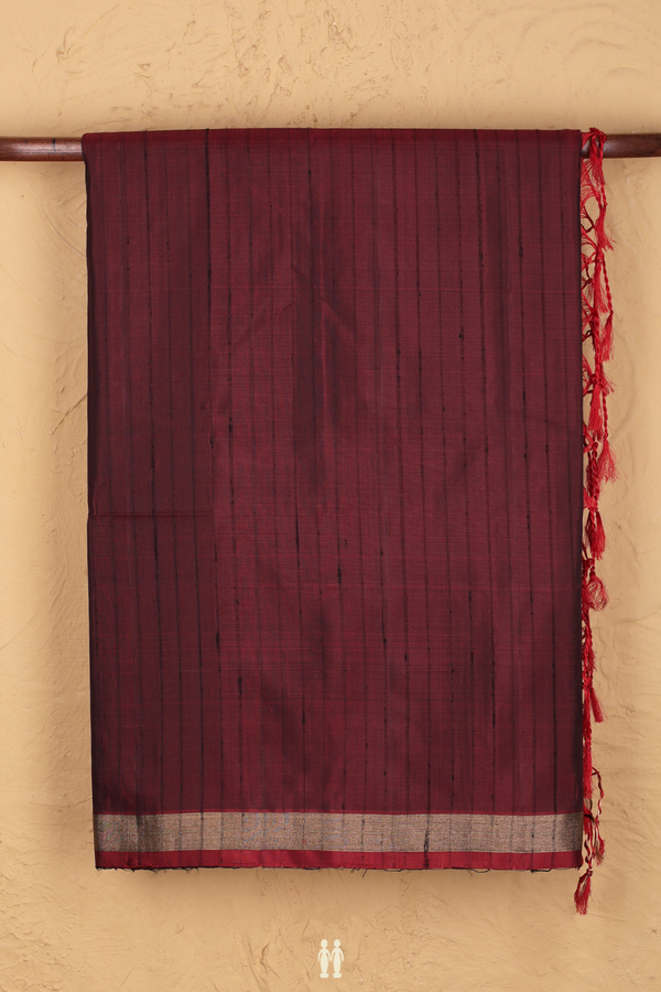 Soft Silk Saree In Dark Maroon With Self Stripes Design