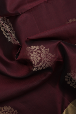Soft Silk Saree In Dark Maroon With Zari Motifs