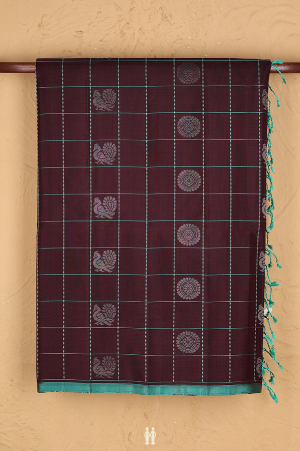 Soft Silk Saree In Dark Oak Brown With Checks Design